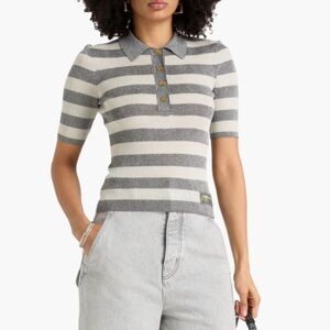 Ganni Metallic striped ribbed-knit polo shirt